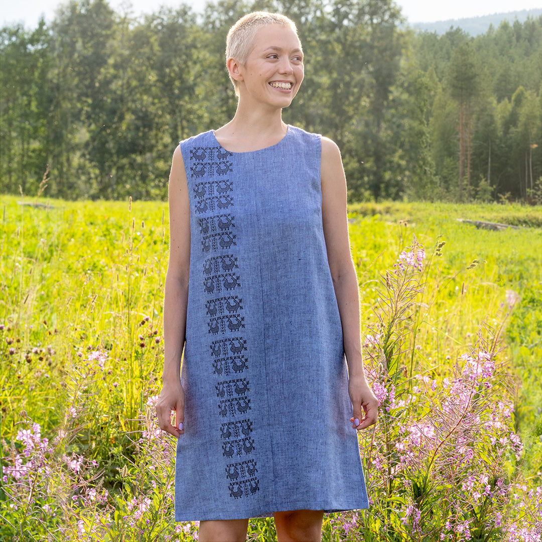 Sara -pellavamekko sininen pystyraita